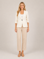 Cream one-button tailored women’s blazer with notched lapel, front view