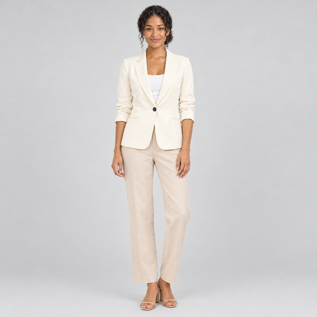 Cream one-button blazer on model with white top and beige trousers, front view