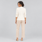 Back view of cream tailored blazer with ruched three-quarter sleeves