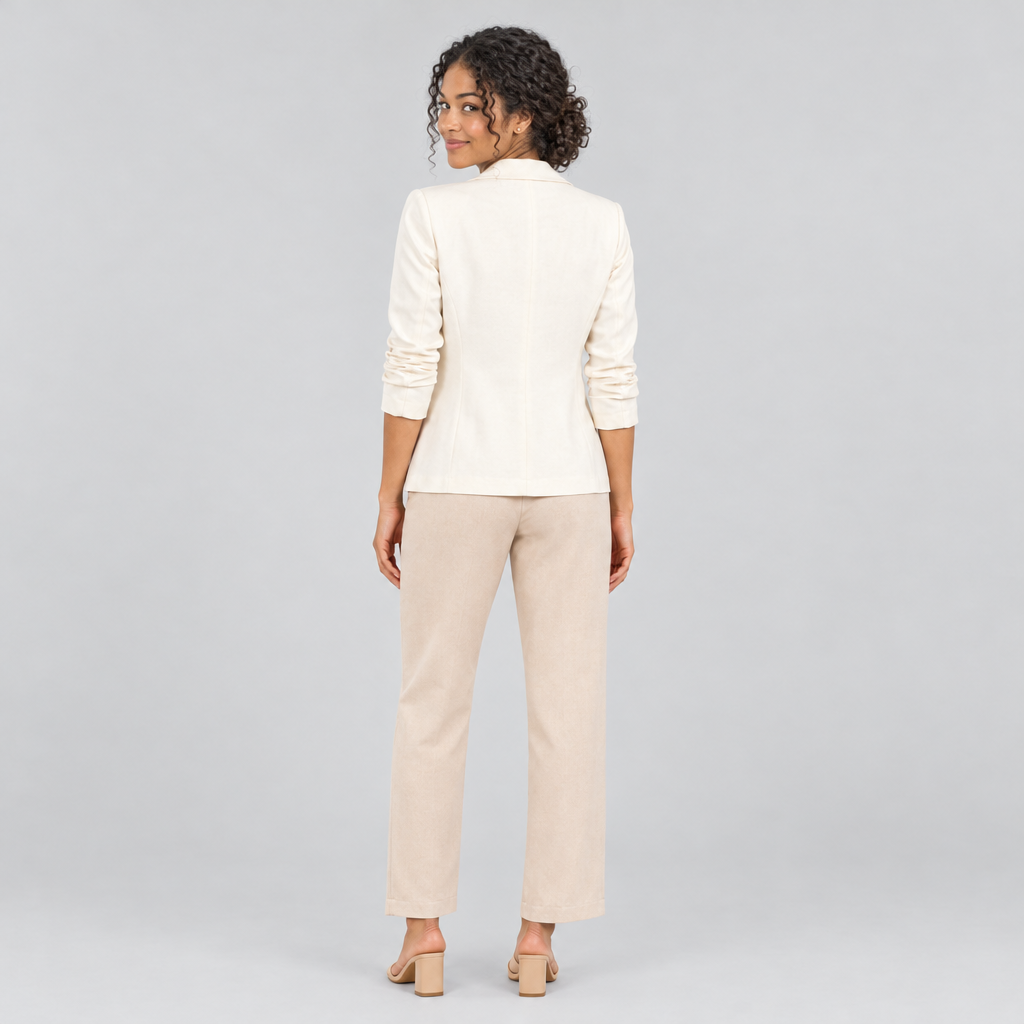 Back view of cream tailored blazer with ruched three-quarter sleeves
