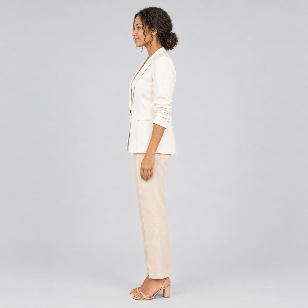 Cream one-button blazer side profile on model with beige trousers