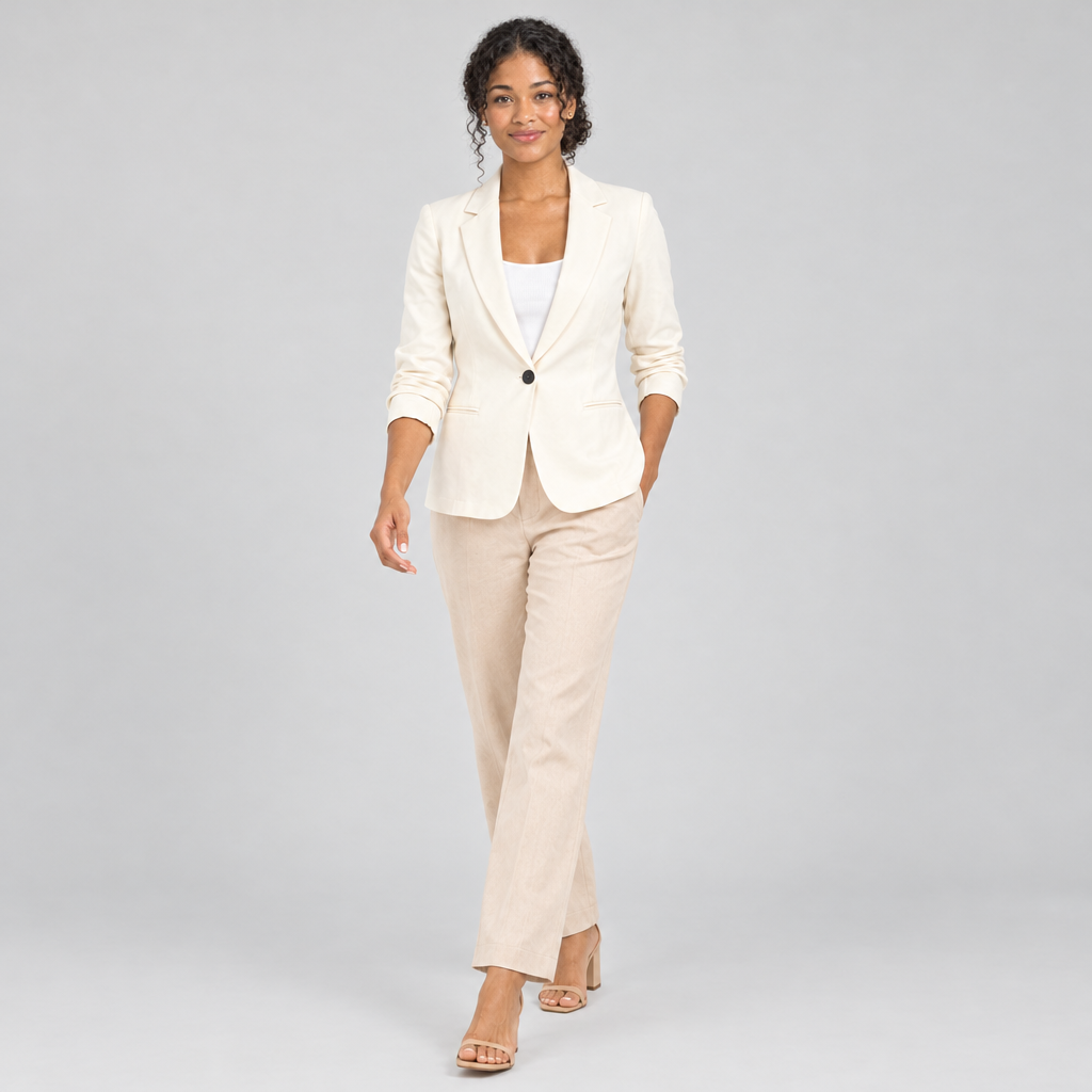 Cream one-button tailored blazer walking three-quarter view on model