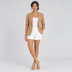 Khaki one-button tailored blazer on model with white top and shorts