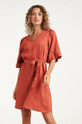 Brick A-line V-neck dress with tie belt and short flutter sleeves
