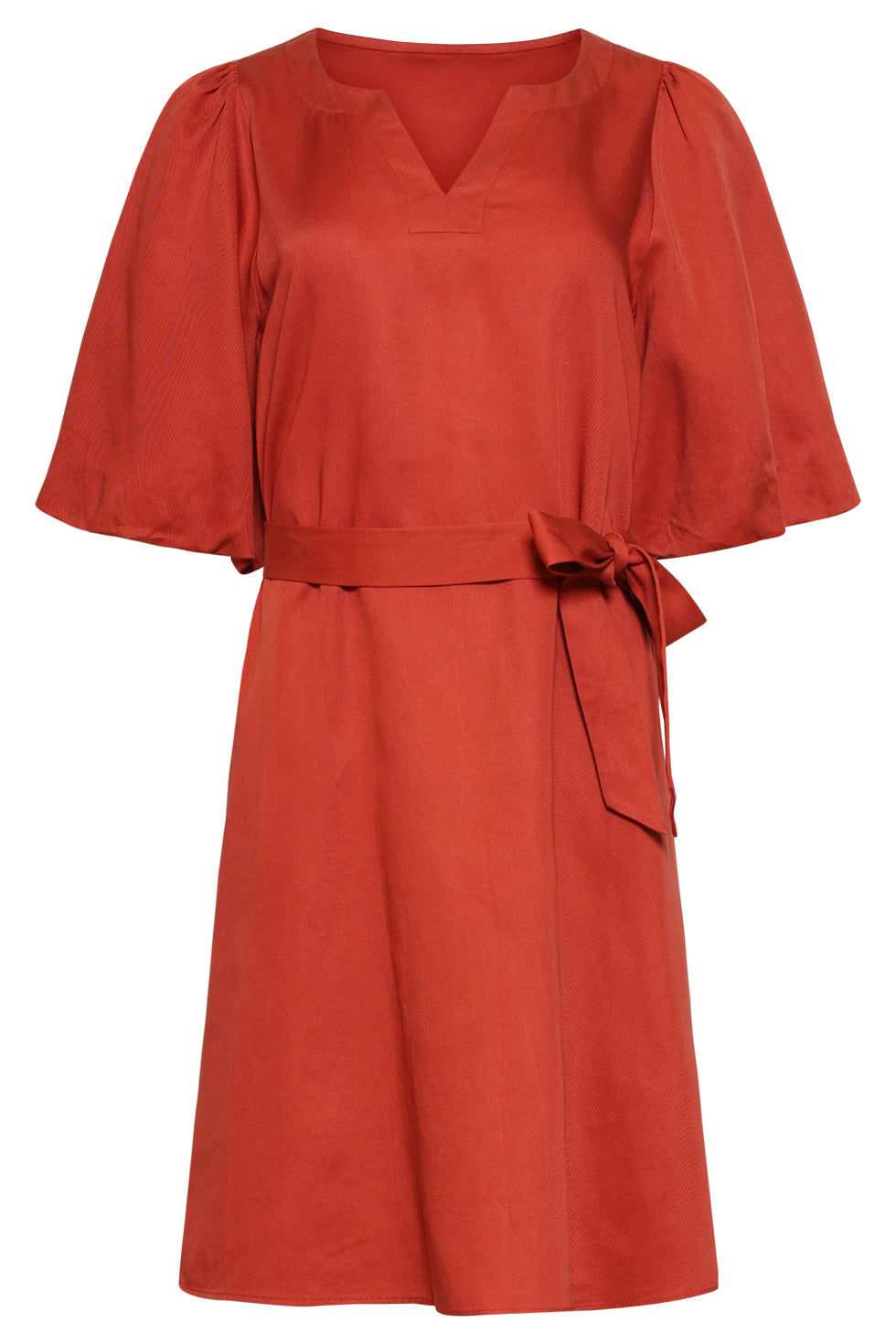 Brick V-neck A-line dress with tie belt and puffed short flutter sleeves