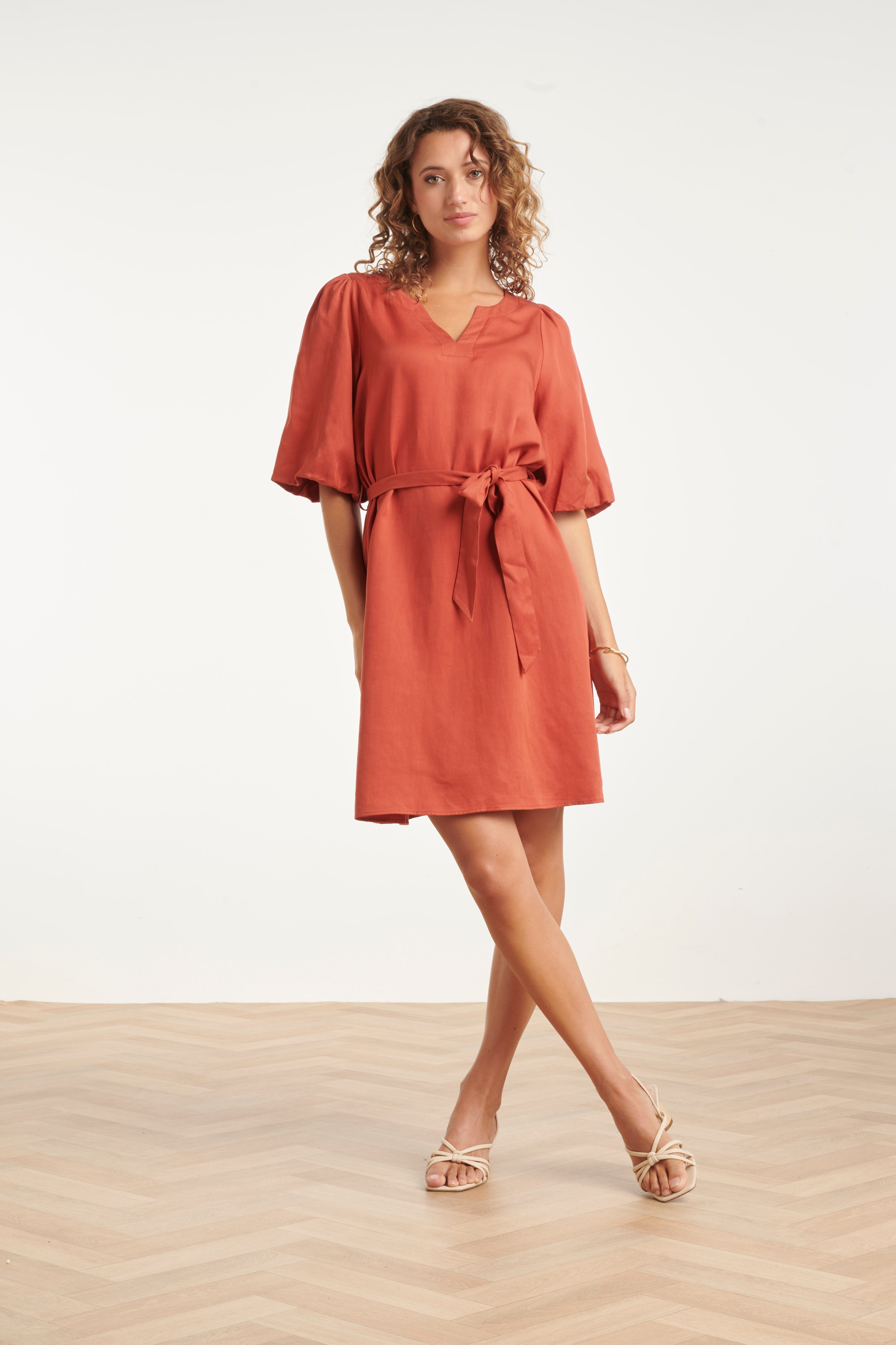Brick A-line V-neck dress with tie belt and short flutter sleeves, worn mid-thigh
