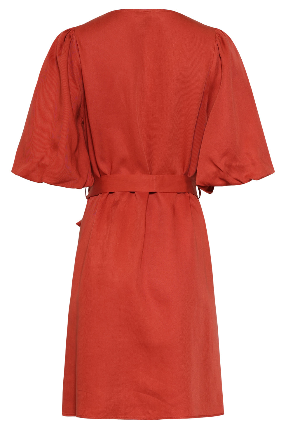 Brick back of A-line dress with tie belt and gathered short flutter sleeves