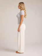 Gray ribbed fitted women's top with square neckline and front button placket, short sleeves