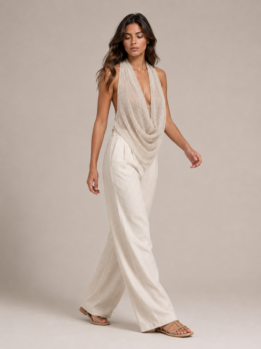 Sabria halter top in beige with waterfall neckline and draped open-back