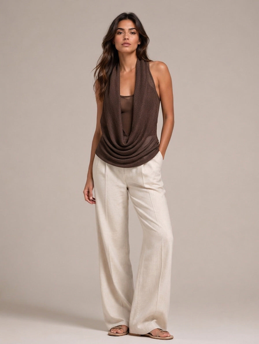 Sabria halter top in brown with waterfall neckline and draped open-back detail