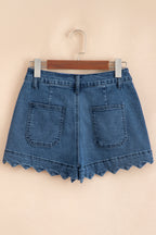 Blue denim shorts on hanger, high waist, scalloped hem, back pockets
