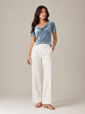 Velvet-look draped neckline short-sleeve top in blue