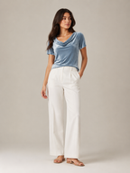 Velvet-look draped neckline short-sleeve top in blue