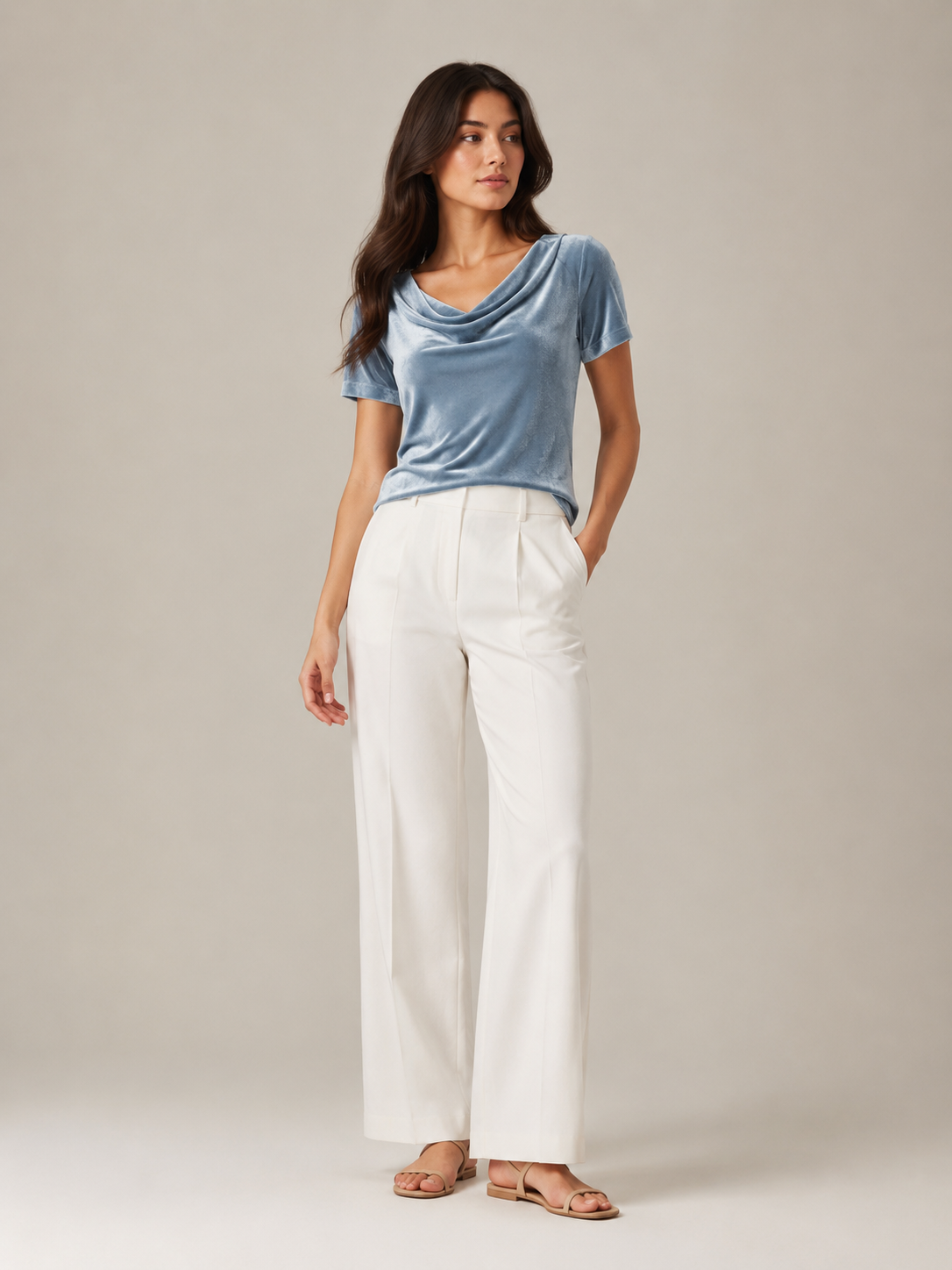 Velvet-look draped neckline short-sleeve top in blue