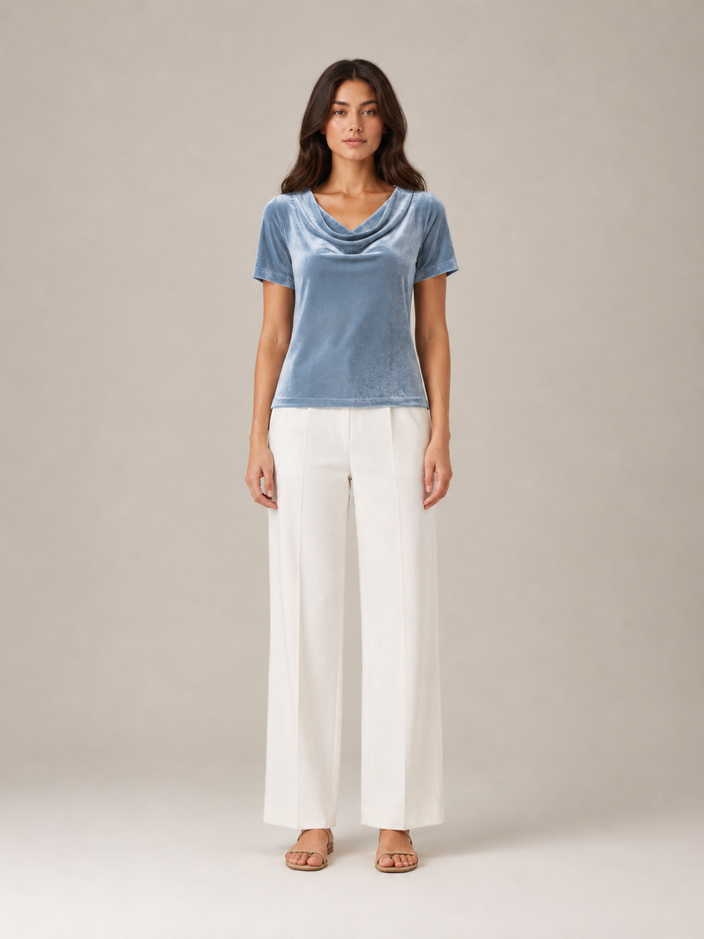 Velvet-look draped neckline short-sleeve top with cowl neck in blue