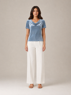 Velvet-look draped neckline short-sleeve top with cowl neck in blue