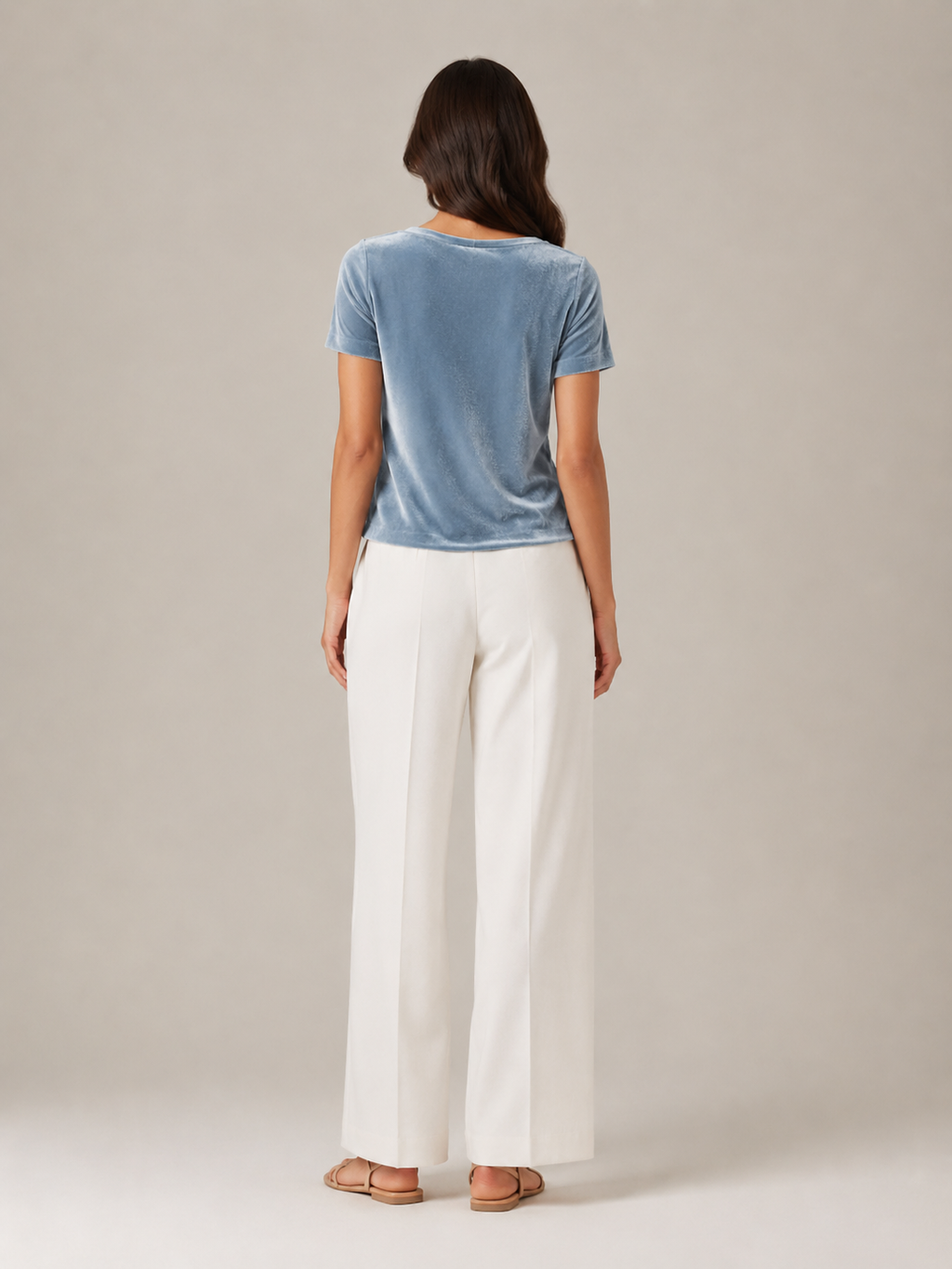 Velvet-look short-sleeve back view top in blue with draped neckline