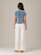Velvet-look short-sleeve back view top in blue with draped neckline