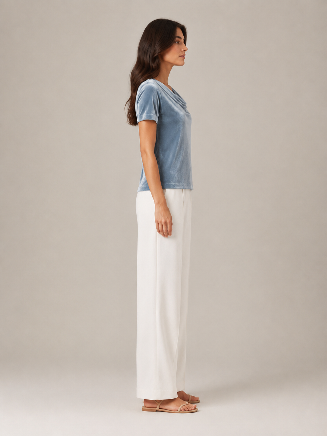 Velvet-look draped neckline short-sleeve top in blue, side view