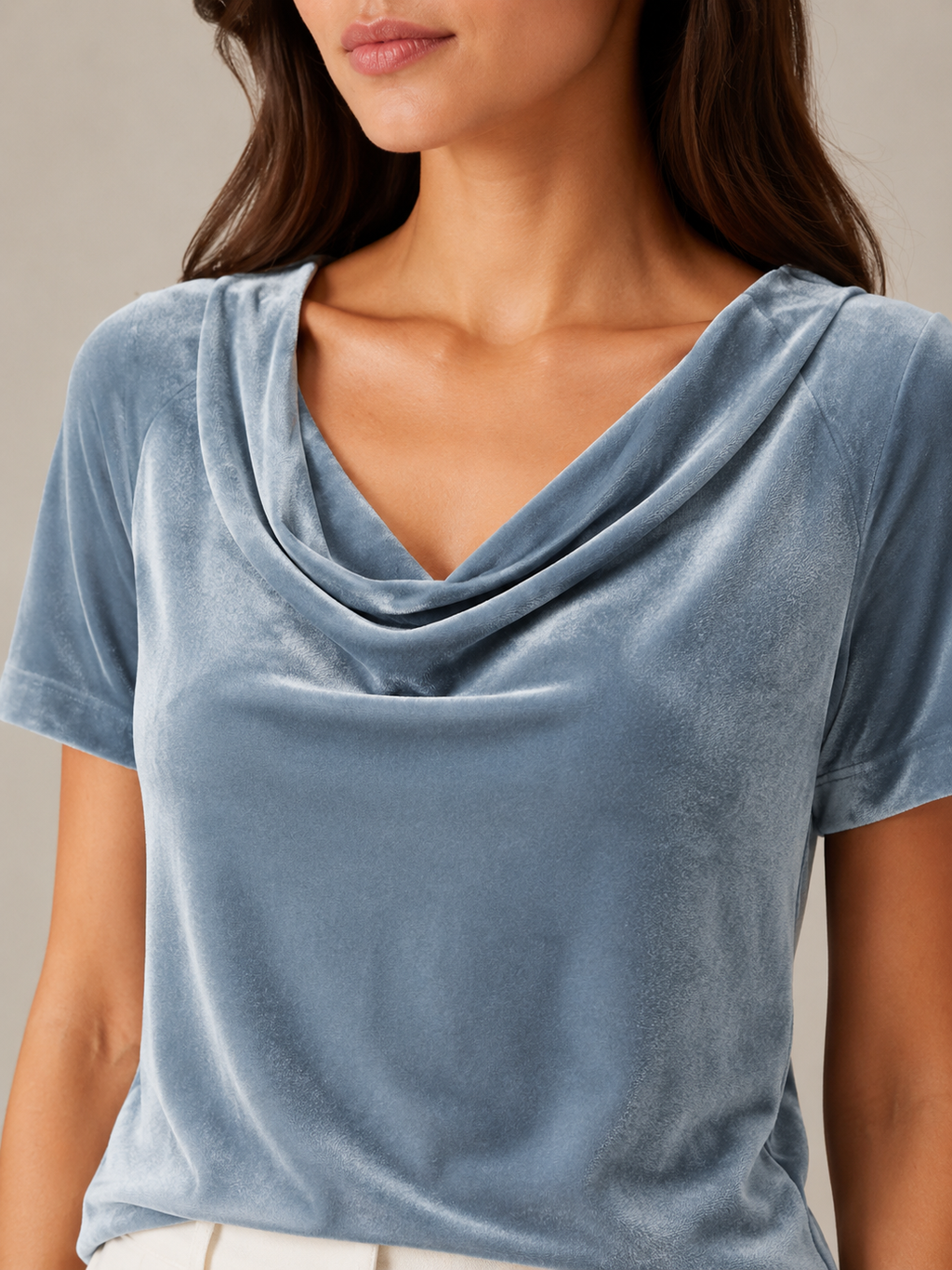 Blue velvet-look draped cowl neckline short-sleeve top close-up
