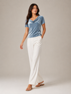 Velvet-look draped neckline short-sleeve top in blue, front view