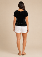 Velvet-look short-sleeve back view top in black with draped cowl neck