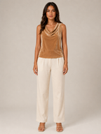 Women's champagne velvet-look sleeveless top with draped cowl neck