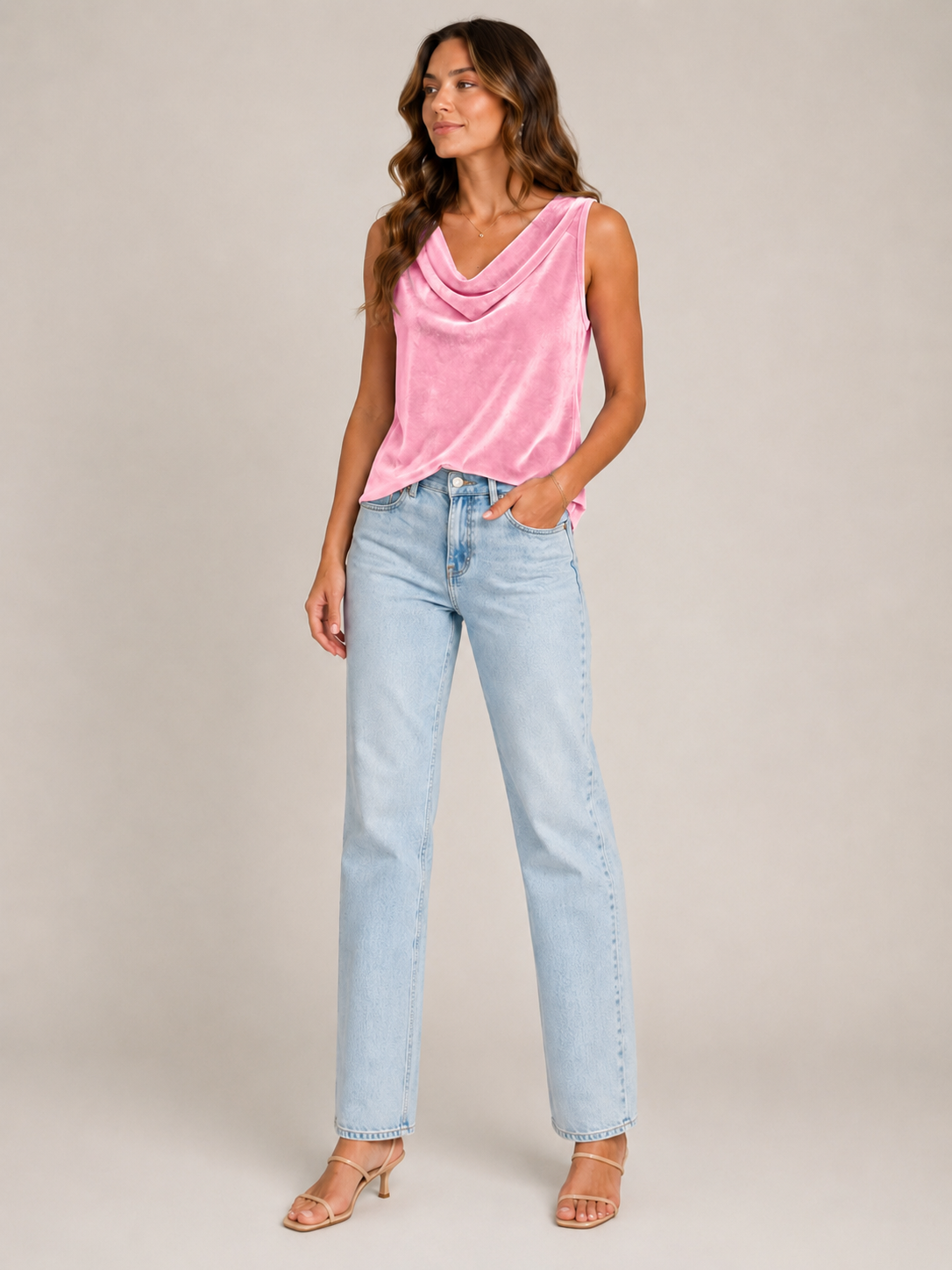 Women’s sleeveless velvet-look top, pink with draped V waterfall neckline