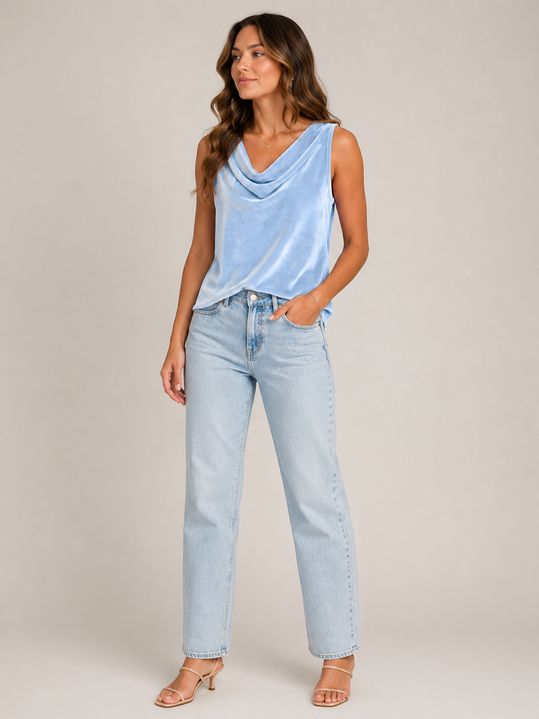 Women’s sleeveless velvet-look top, light blue with draped V waterfall neckline