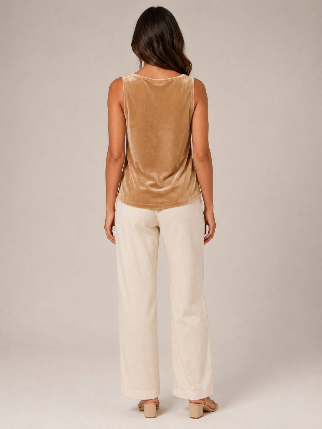 Women's champagne velvet-look sleeveless top, back view, draped cowl neckline
