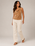 Women's champagne velvet-look sleeveless top, front view, draped cowl neck
