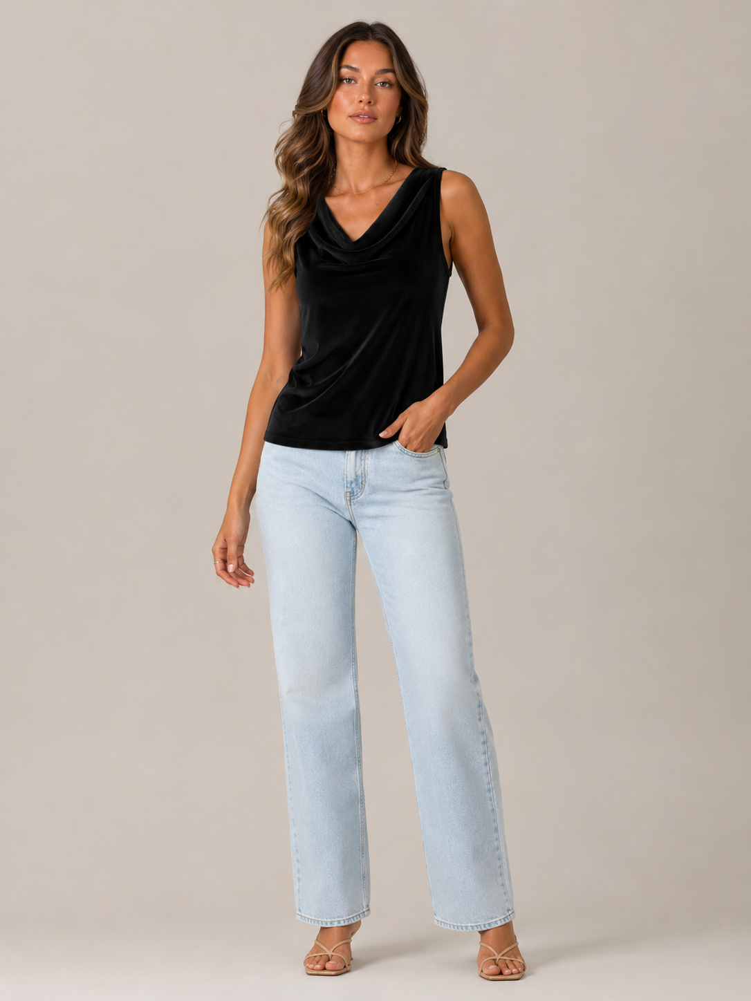 Women's black velvet-look sleeveless top with draped cowl neckline