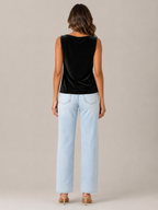 Women's black velvet-look sleeveless top, back view, draped cowl neckline