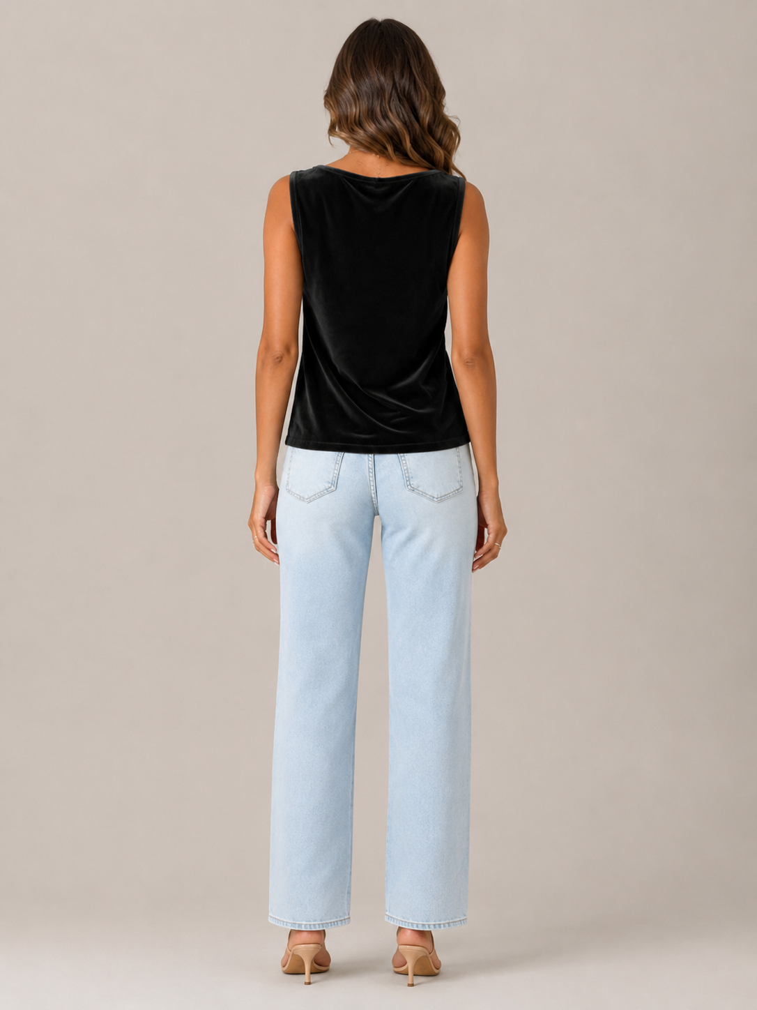 Women's black velvet-look sleeveless top, back view, draped cowl neckline