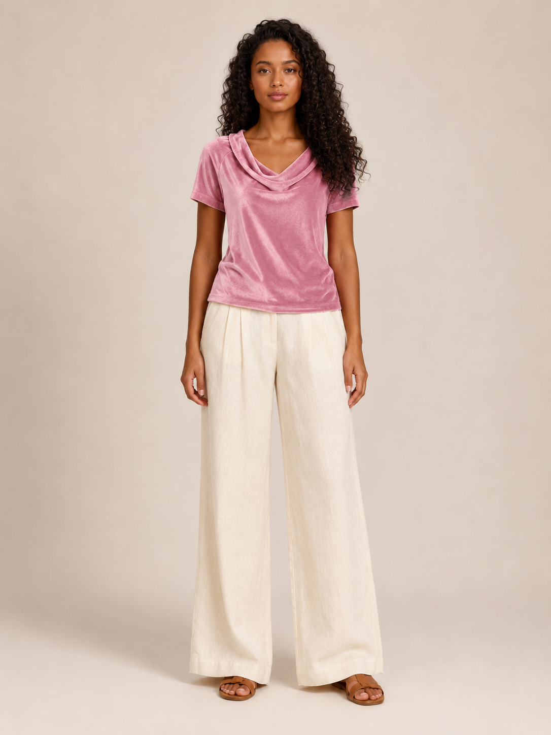 Pink velvet top with waterfall cowl neck and short sleeves, side drape detail.