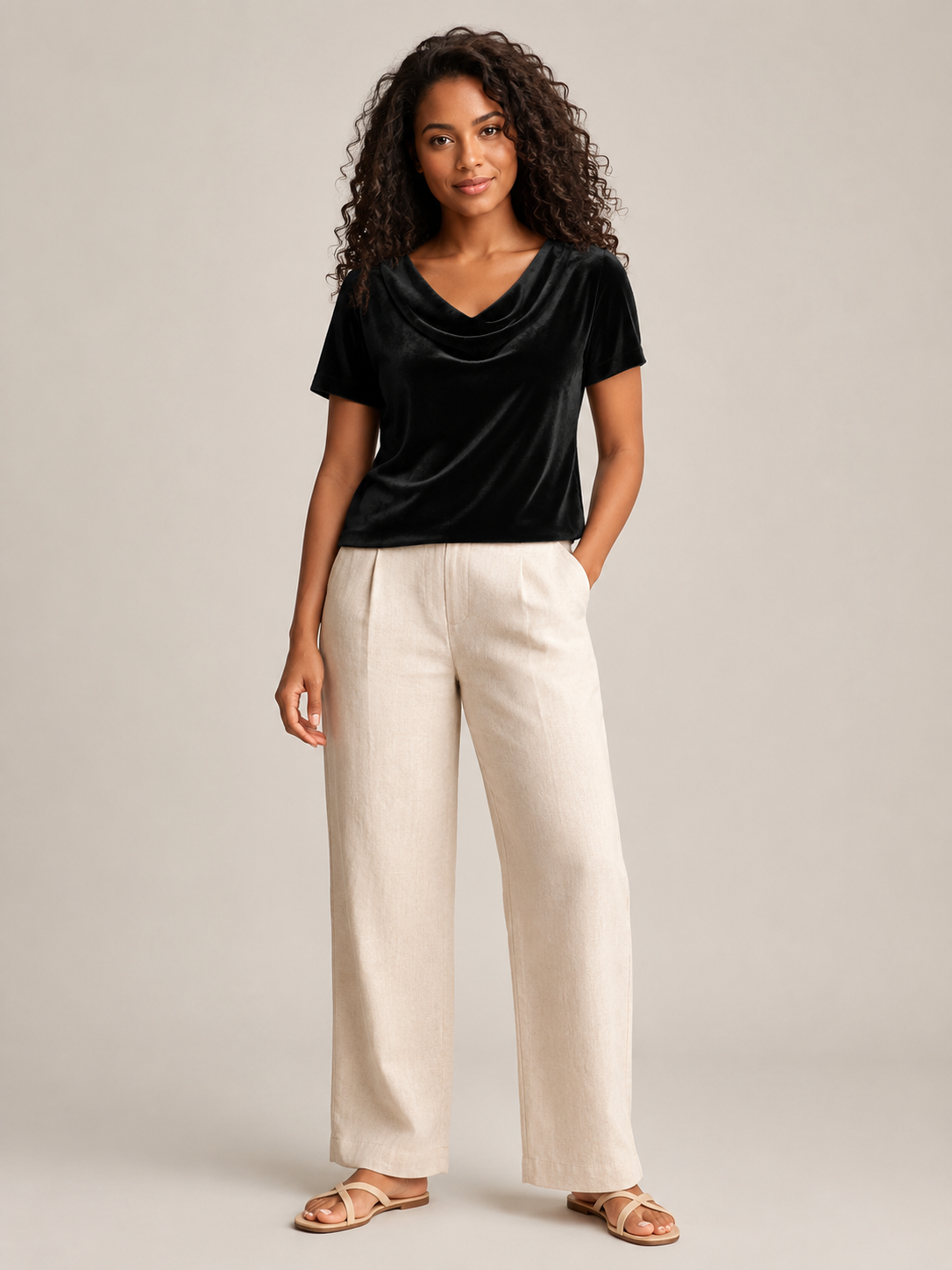 Black velvet top with waterfall cowl neck and short sleeves, smooth draped front.