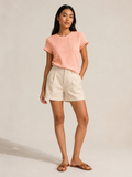 Soft apricot textured relief-structure short-sleeve crewneck top with ruffled sleeve edges