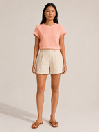 Soft apricot textured relief-structure short-sleeve crewneck top, slightly loose fit