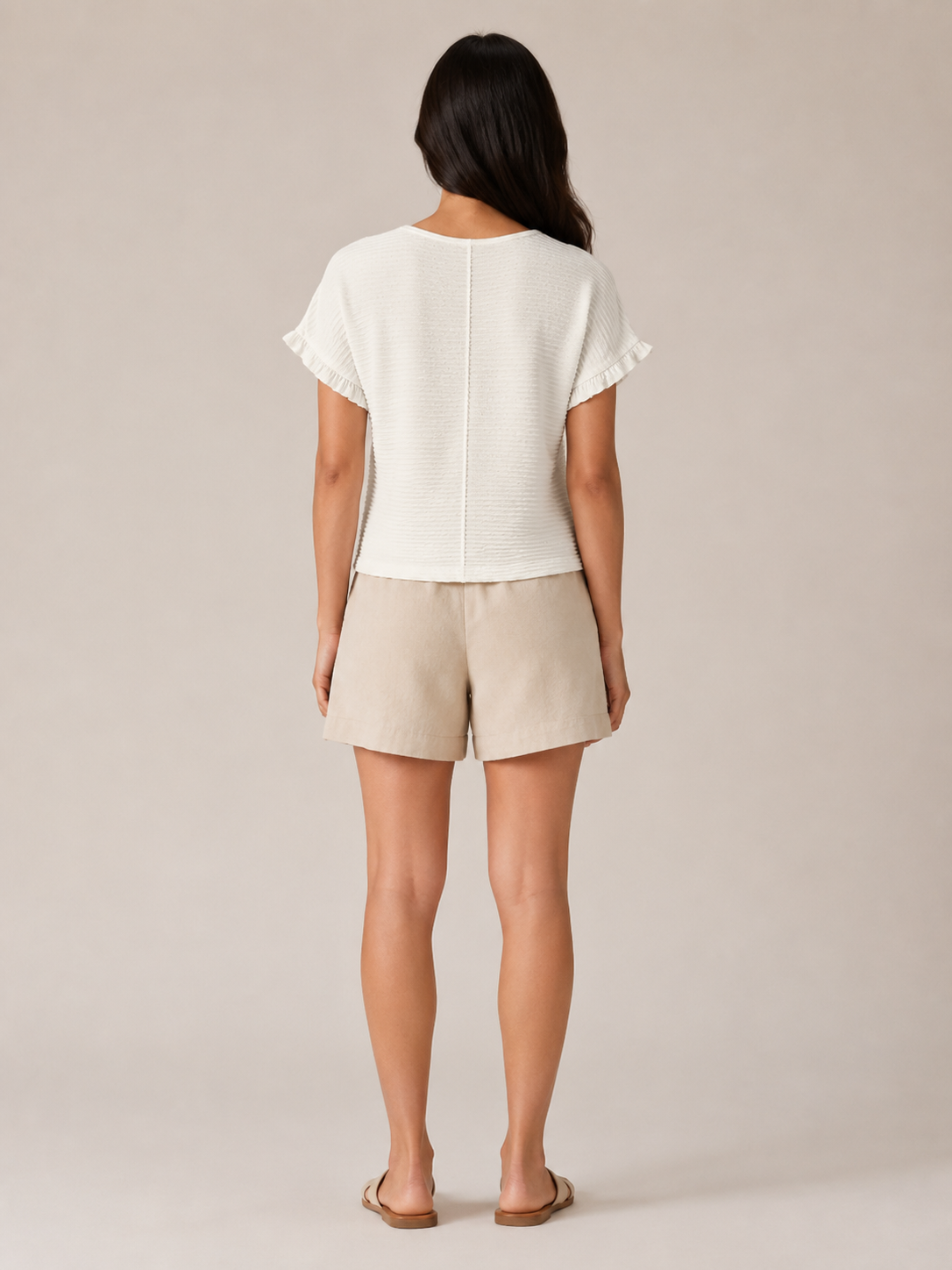 White textured relief-structure short-sleeve crewneck top, back view