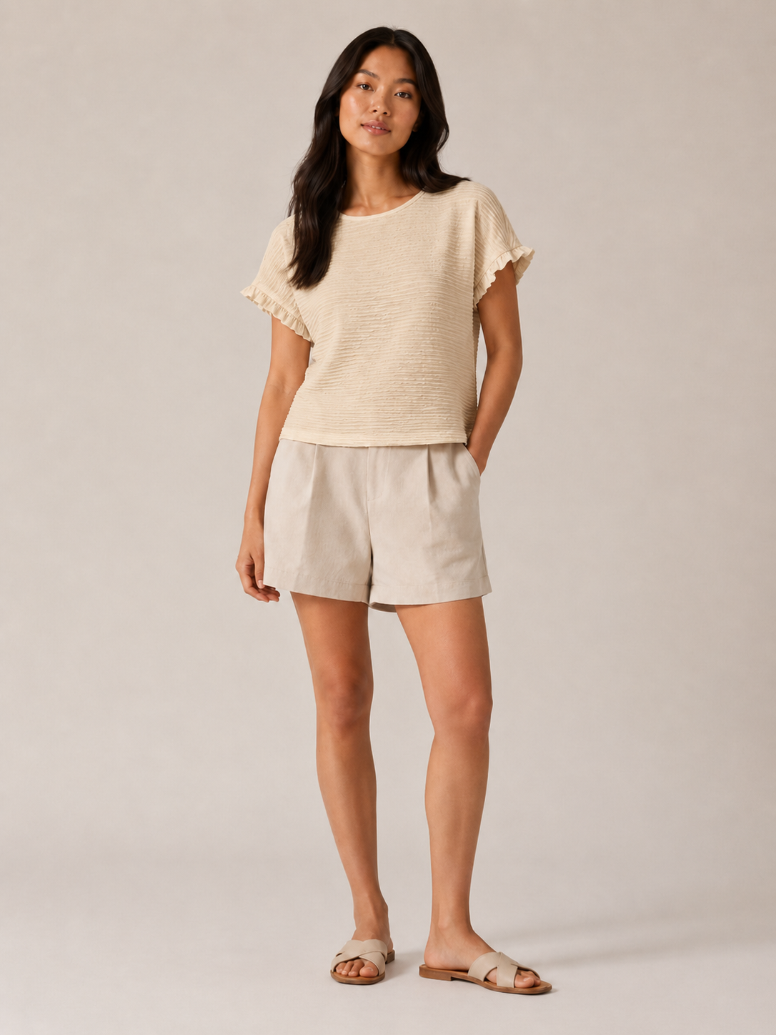 Beige textured relief-structure short-sleeve crewneck top, relaxed fit