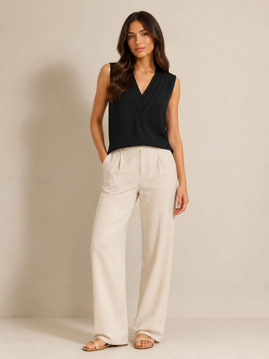 Black sleeveless V-neck blouse with pleat detail at the front, relaxed fit
