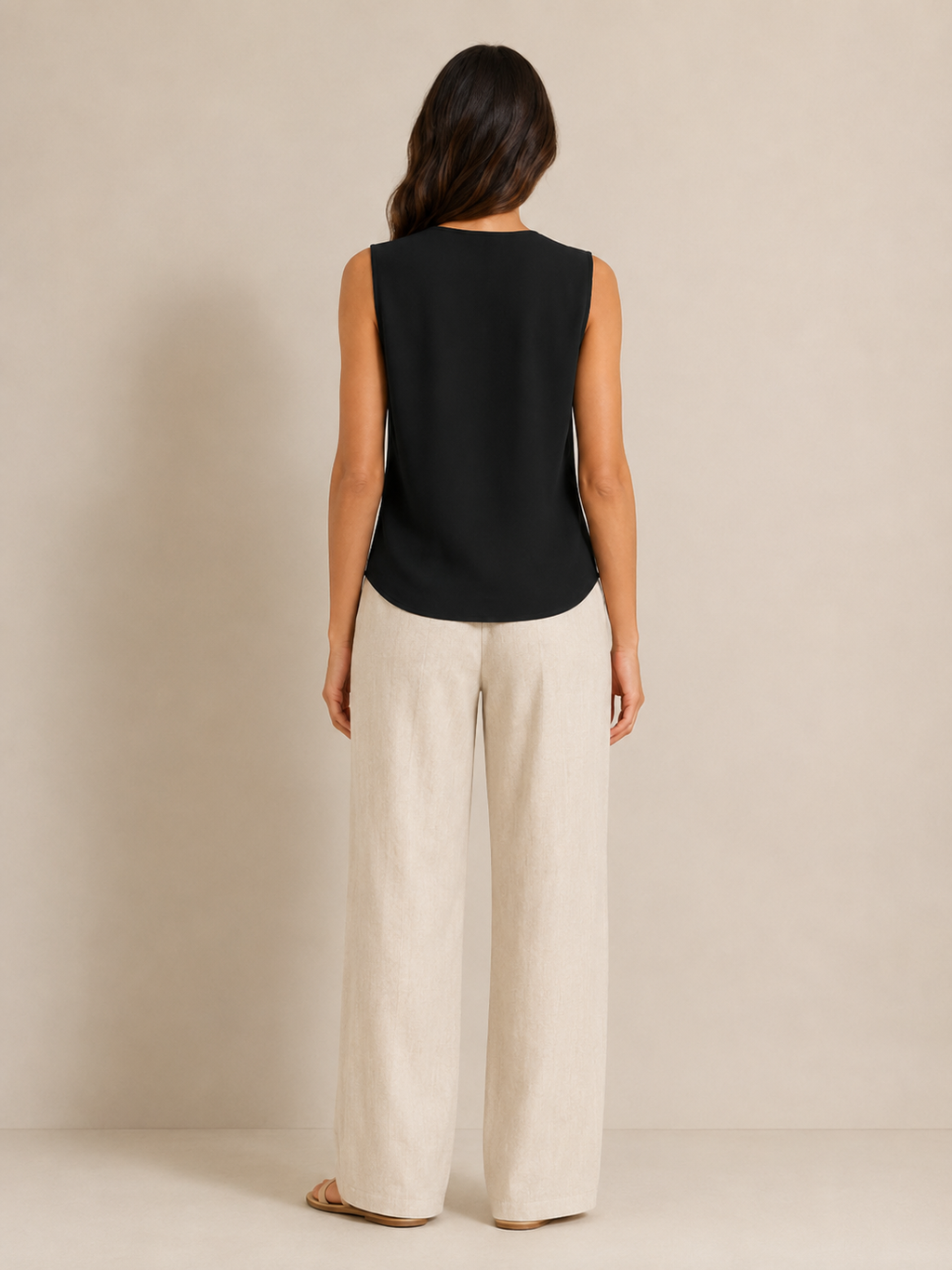 Back view of black sleeveless blouse with smooth yoke panel
