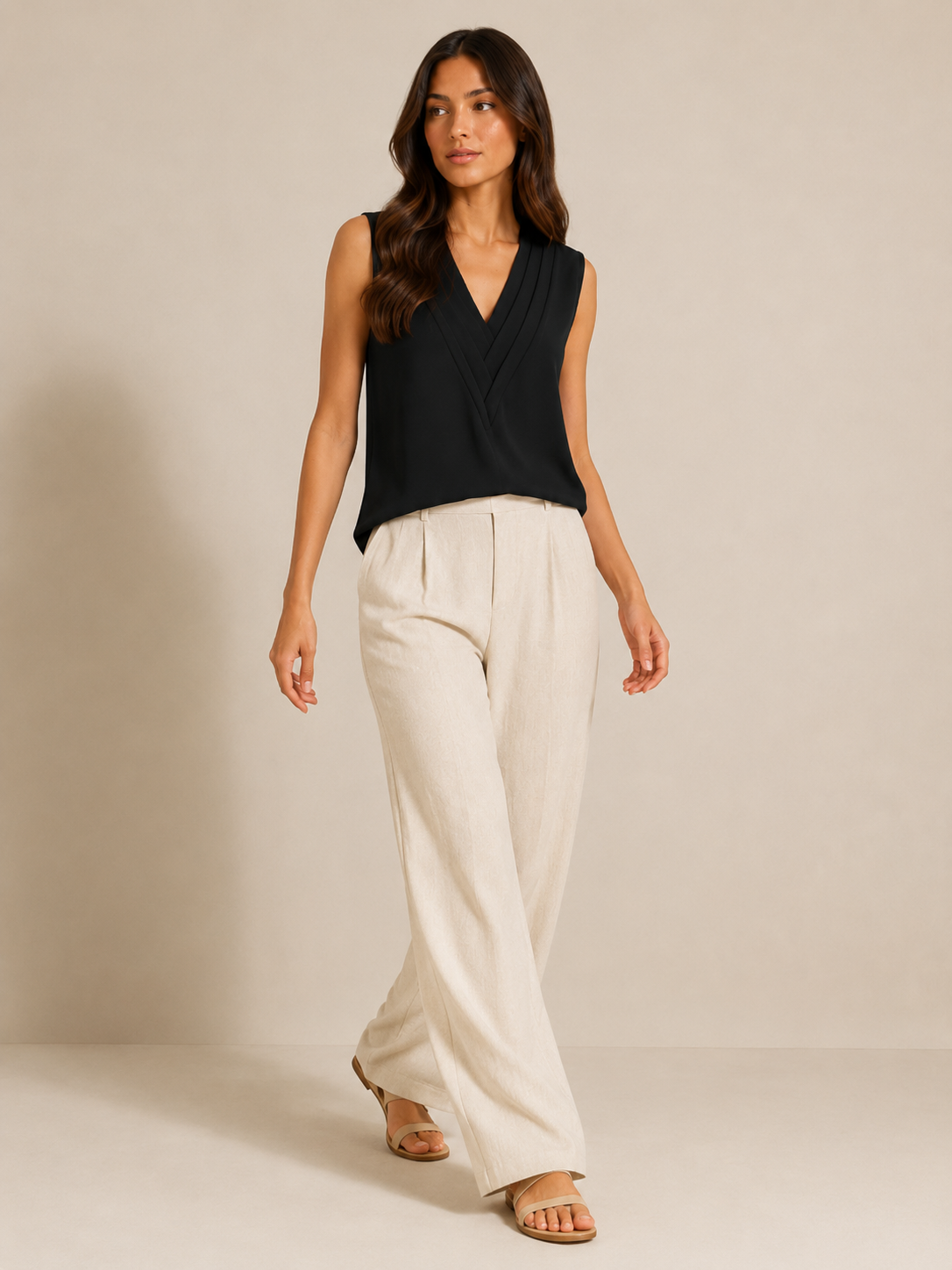 Black sleeveless V-neck blouse with front pleat panel and draped overlap