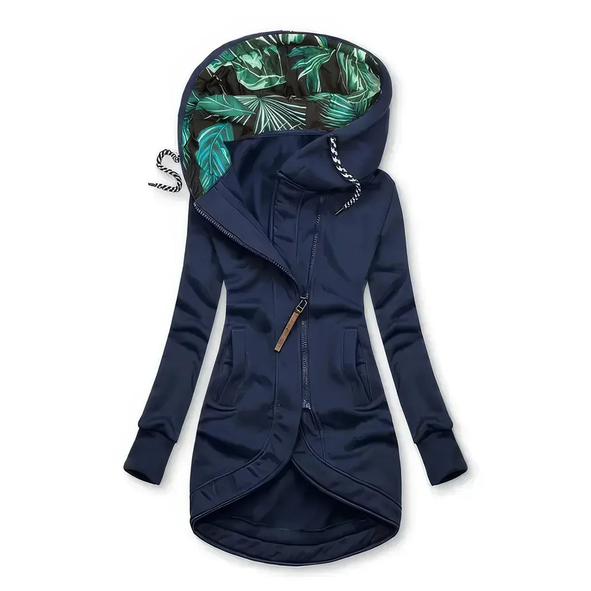 Navy women’s hooded jacket with green printed hood lining, asymmetric zip, high-low hem.