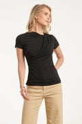 Black draped asymmetrical-neck blouse, short sleeves, fitted stretch knit.