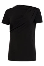Black blouse front close-up with draped asymmetrical neckline and short sleeves.