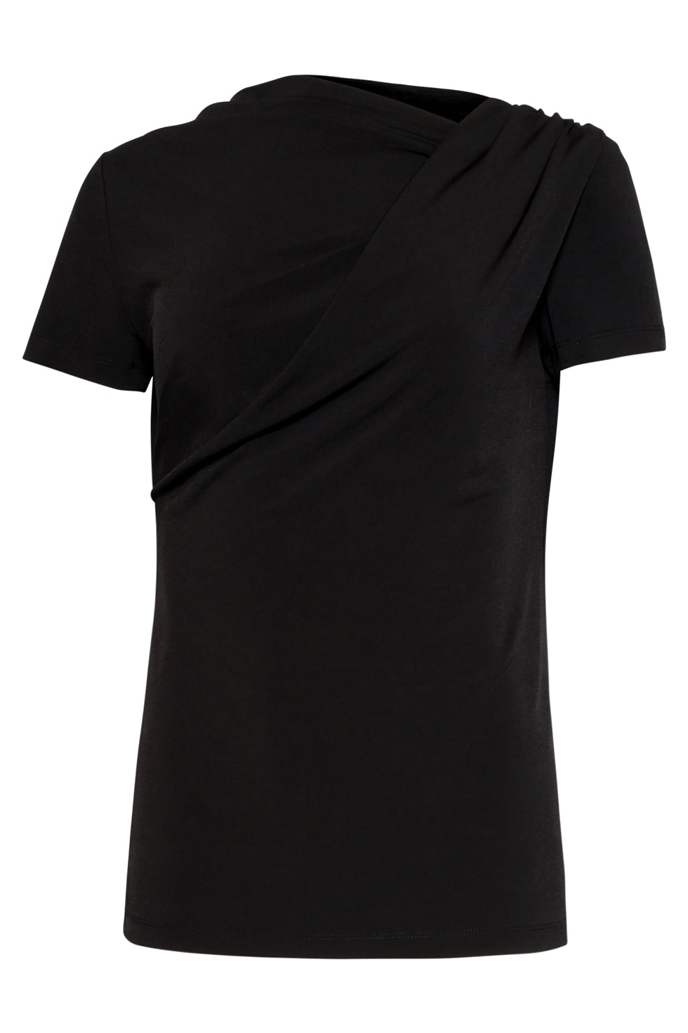 Black blouse front close-up with draped asymmetrical neckline and short sleeves.