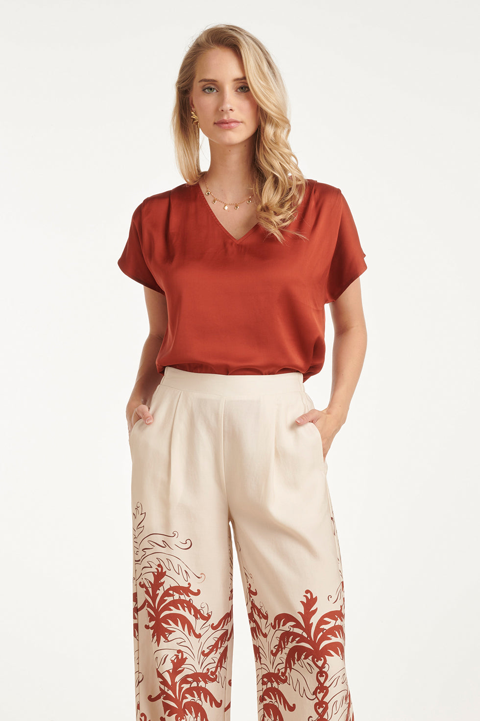 Brick satin V-neck short-sleeve blouse with soft drape and relaxed fit