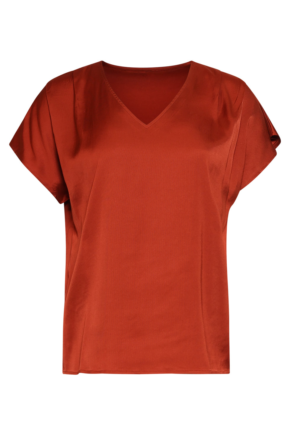 Brick satin V-neck short-sleeve blouse, smooth front with relaxed silhouette