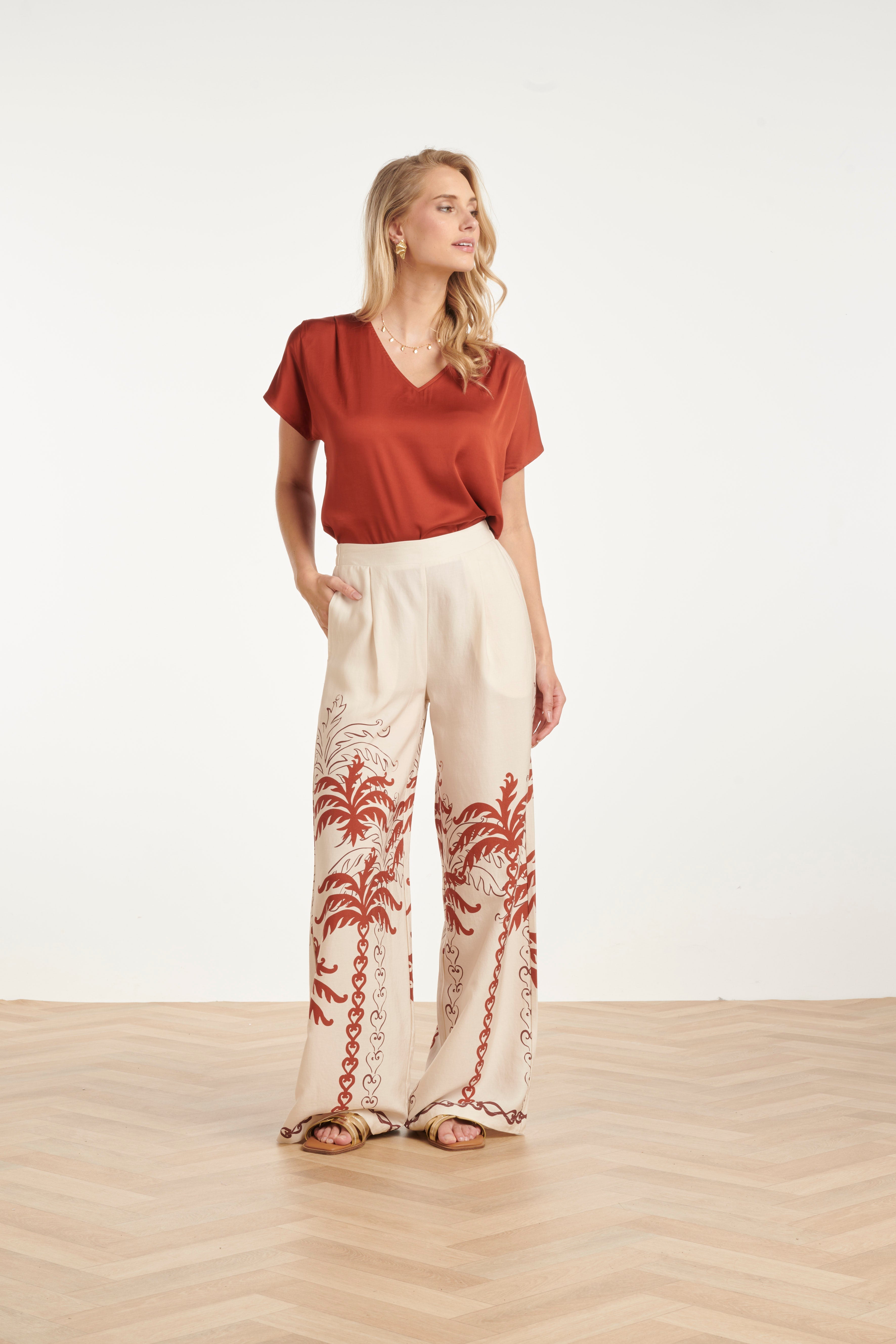 Brick satin V-neck short-sleeve blouse, airy drape with subtle sheen